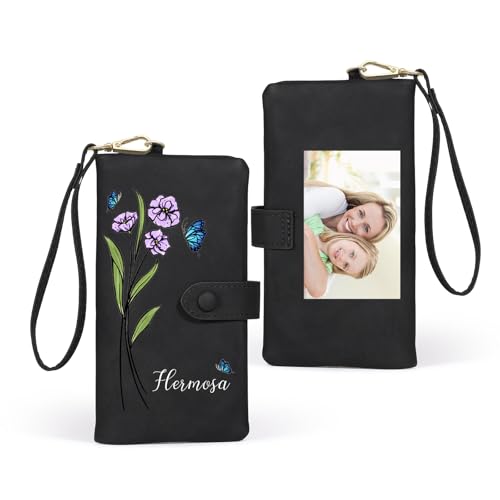 ALBERTBAND Damen Geldbörsen mit Foto Geburtsblume Gravur Personalisierte Leder Brieftasche Langes Portemonnaie für Frauen Geschenke Für Damen Muttertag Weihnachtstag Valentinstag (A-Schwarz) von ALBERTBAND