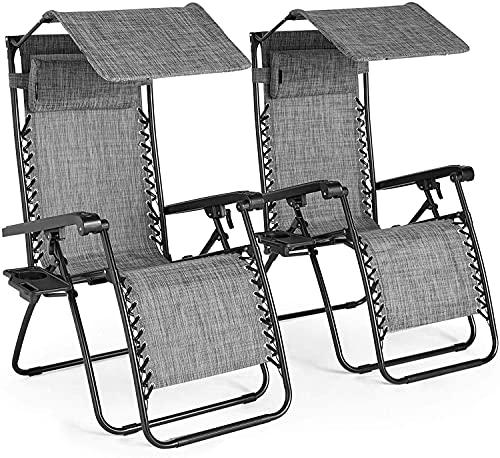 ALEjon Set mit 2 robusten Zero-Gravity-Stühlen mit Baldachin – Sonnenliegen für den Garten und die Terrasse mit Schattenstühlen und Getränkehalter. Klappbare Liegestühle. Das Neue von ALEjon