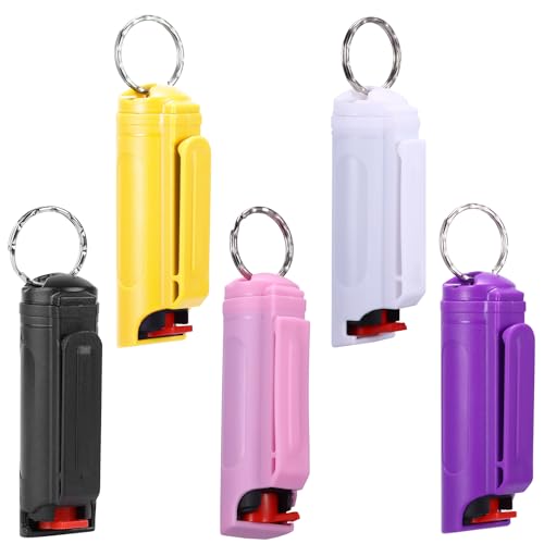 ALLOMN Pfefferspray Schlüsselanhänger, 5 Stück Selbstverteidigung Schlüsselanhänger Pfefferspray Keychain Mit Schlüsselring Flip Top Design Finger Grip Shell für Frauen Männer Kinder, Mehrfarbig von ALLOMN