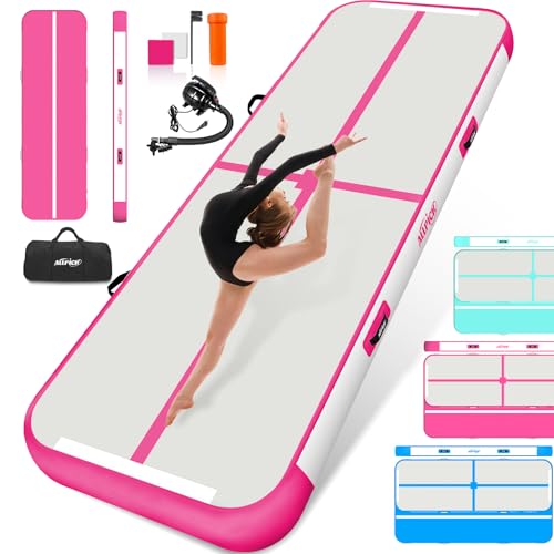 ALLPICK Turnmatte Aufblasbar mit elektrischer Luftpumpe, Länge 3/4/5/6 m Trainingsmatte, 10/20 cm hoch Tumbling Matte, Doppelseitiges Design Aufblasbar für Gymnastikmatte, Yoga -Rosa 400*100*10 cm von ALLPICK