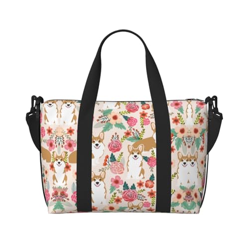 Corgi Handtasche mit Blumenmuster, Reisetasche, Einzelschultertasche, Sport- und Fitness-Tasche, Reisegepäcktasche, Schwarz , Einheitsgröße von ALLiYa