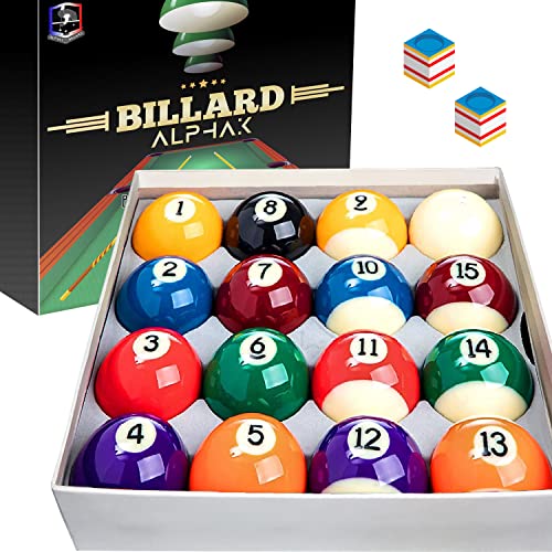 AlphaK Offizielle amerikanische Billardkugeln – Set mit 16 bunten Kugeln in regulärer Größe 57 mm + 2 blauen Kreiden – professionelles Snooker-Zubehör 5,7 cm (57 mm) von ALPHAK