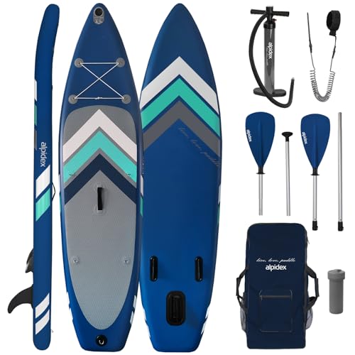 ALPIDEX Stand Up Paddle Set SUP 305 x 76 x 15 cm Belastbar bis 150 kg Aufblasbar Stabil Leicht Komplett Set Tragetasche Paddel Finnen Luftpumpe Leash Repair Kit, Farbe:Blue von ALPIDEX