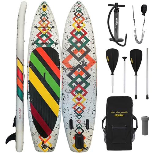 ALPIDEX Stand Up Paddle Set SUP 320 x 76 x 15 cm max. belastbar bis 200 kg Aufblasbar Stabil Leicht Komplett Set Tragetasche Paddel Finnen Luftpumpe Leash Repair Kit, Farbe:White von ALPIDEX