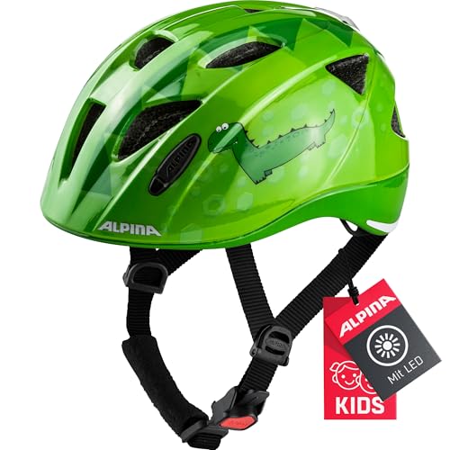 ALPINA XIMO FLASH - Beleuchteter, Reflektierender, Leichter & Anpassbarer LED Fahrradhelm Für Kinder, green dino gloss, 45-49 cm von ALPINA