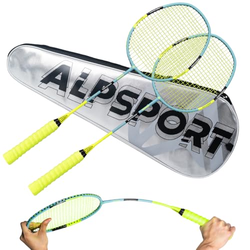 ALPSPORT Gemini 4U G5 Graphit-Badmintonschläger-Set, 2er-Set, Verbundkohlefaser-Schläger mit 1 PVC-Tasche, 2 gebundenen Griffbändern, Padelraket für Sporttraining (grün) von ALPSPORT