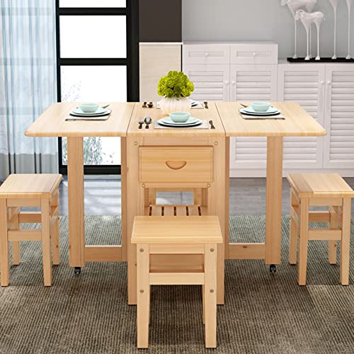 ALSJJDQ Drop-Leaf-Tisch, klappbarer Esstisch, Holz-Küchentisch und 4 Stühle-Set, platzsparender Erweiterungstisch mit 2-lagigem Ablagefach und Rollen, für Küche/Wohnzimmer/Schlafzimmer Purposiveness von ALSJJDQ