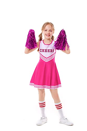 ALUCIC Mädchen Cheerleader Kostüm Cheerleading Uniform Karneval Fasching Party Halloween Kostüm Kleid Minirock mit 2 Pompoms und Socken (Rose, 116-122) von ALUCIC