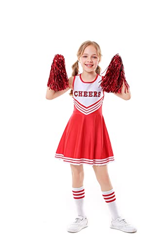 ALUCIC Mädchen Cheerleader Kostüm Cheerleading Uniform Karneval Fasching Party Halloween Kostüm Kleid Minirock mit 2 Pompoms und Socken (Rot, 134-140) von ALUCIC