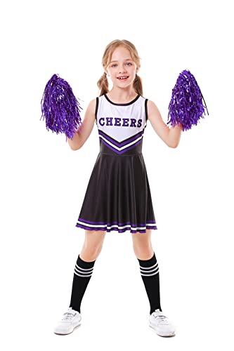 ALUCIC Mädchen Cheerleader Kostüm Cheerleading Uniform Karneval Fasching Party Halloween Kostüm Kleid Minirock mit 2 Pompoms und Socken (Schwarz, 116-122) von ALUCIC
