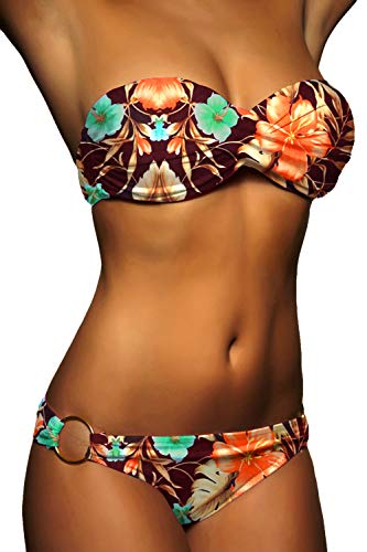 ALZORA Twist Push Up Bandeau Bikini Set Damen Pushup Badeanzug viele Farben und Größen (L, Braun Blumen) von ALZORA