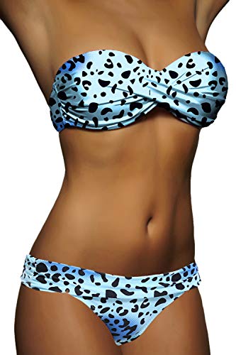 ALZORA Twist Push Up Bandeau Bikini Set Damen Pushup Badeanzug viele Farben und Größen (L, Rot - Blau kariert) von ALZORA