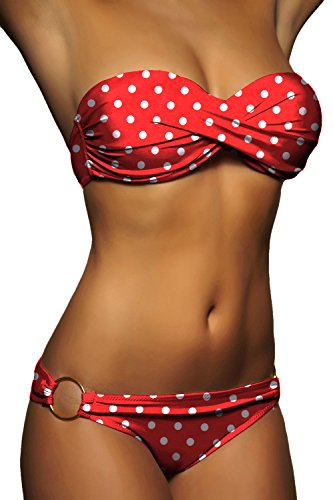 ALZORA Twist Push Up Bandeau Bikini Set Damen Pushup Badeanzug viele Farben und Größen (L, Rot - Weiss Punkte) von ALZORA