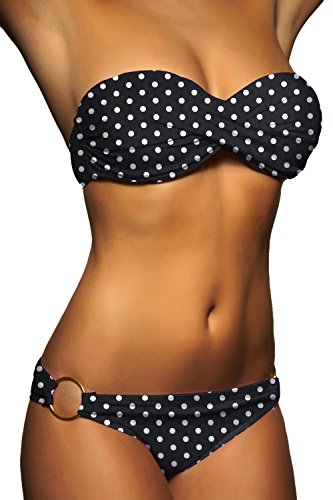 ALZORA Twist Push Up Bandeau Bikini Set Damen Pushup Badeanzug viele Farben und Größen (L, Schwarz - Weiss Punkte) von ALZORA