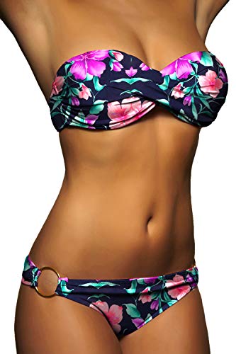 ALZORA Twist Push Up Bandeau Bikini Set Damen Pushup Badeanzug viele Farben und Größen (L, Schwarz-Weiß-Streifen) von ALZORA