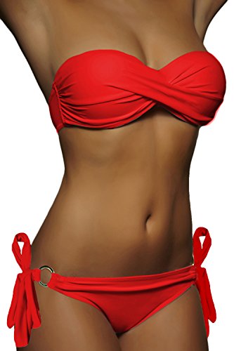 ALZORA Twist Push Up Bandeau Bikini Set Damen Pushup Badeanzug viele Farben und Größen (L, ZZ04-Rot Bänder) von ALZORA