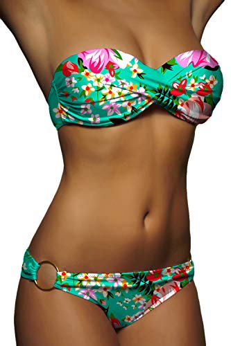 ALZORA Twist Push Up Bandeau Bikini Set Damen Pushup Badeanzug viele Farben und Größen (L, ZZ09-Neongrün Bänder) von ALZORA