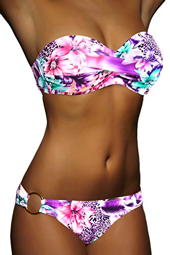 ALZORA Twist Push Up Bandeau Bikini Set Damen Pushup Badeanzug viele Farben und Größen (M, Neonpink) von ALZORA