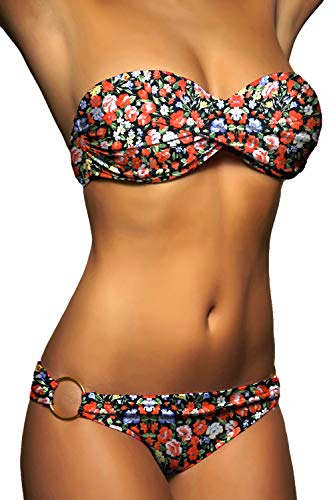 ALZORA Twist Push Up Bandeau Bikini Set Damen Pushup Badeanzug viele Farben und Größen (M, Schwarz-Kleine-Blumen) von ALZORA