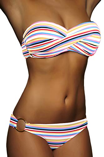 ALZORA Twist Push Up Bandeau Bikini Set Damen Pushup Badeanzug viele Farben und Größen (XS, Bunte Streifen) von ALZORA