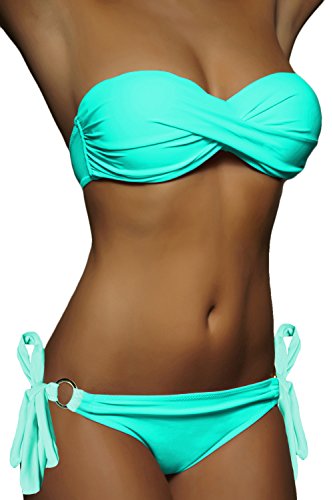 ALZORA Twist Push Up Bandeau Bikini Set Damen Pushup Badeanzug viele Farben und Größen (XS, ZZ01-Türkis Bänder) von ALZORA