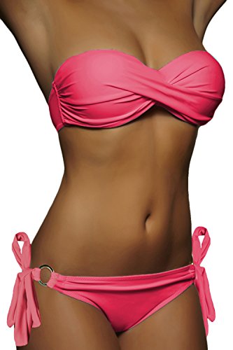 ALZORA Twist Push Up Bandeau Bikini Set Damen Pushup Badeanzug viele Farben und Größen (XS, ZZ05-Koralle Bänder) von ALZORA