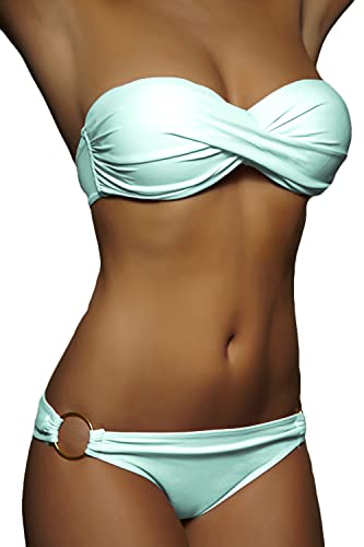 ALZORA Twist Push Up Bandeau Bikini Set Damen Pushup Badeanzug viele Farben und Größen (XS, ZZ06-Blau Bänder) von ALZORA