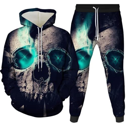 AMCYT Winteranzug Totenkopf Herren 3D Kapuzenpullover Zweiteiliges Set Skull Pattern Hoodie und Hose Herren Trainingsanzug Jogginganzug (Herren 5,4XL) von AMCYT