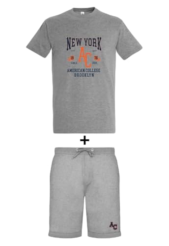 AMERICAN COLLEGE USA, 2 Teiliges Set, Herren, Damen, T-Shirt + Bermuda, Casual, Sportlich, Kleidung, Erwachsene, Unisex, Manner, Frauen, Modell ACEN229 Grau, M von AMERICAN COLLEGE USA