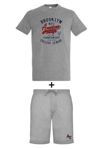 AMERICAN COLLEGE USA, 2 Teiliges Set, Herren, Damen, T-Shirt + Bermuda, Casual, Sportlich, Kleidung, Erwachsene, Unisex, Manner, Frauen, Modell ACEN230 Grau, M von AMERICAN COLLEGE USA