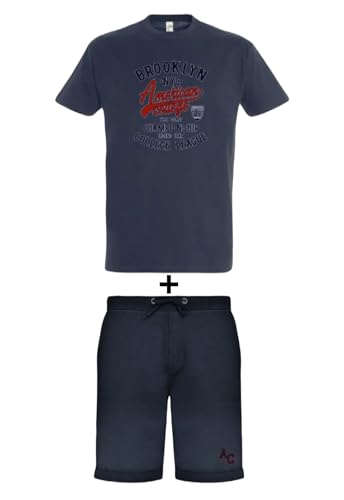 AMERICAN COLLEGE USA, 2 Teiliges Set, Herren, Damen, T-Shirt + Bermuda, Casual, Sportlich, Kleidung, Erwachsene, Unisex, Manner, Frauen, Modell ACEN230 Marineblau, M von AMERICAN COLLEGE USA