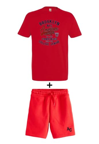 AMERICAN COLLEGE USA, 2 Teiliges Set, Herren, Damen, T-Shirt + Bermuda, Casual, Sportlich, Kleidung, Erwachsene, Unisex, Manner, Frauen, Modell ACEN230 Rot, XL von AMERICAN COLLEGE USA