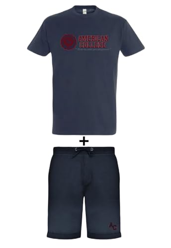 AMERICAN COLLEGE USA, 2 Teiliges Set, Herren, Damen, T-Shirt + Bermuda, Casual, Sportlich, Kleidung, Erwachsene, Unisex, Manner, Frauen, Modell ACEN231 Marineblau, L von AMERICAN COLLEGE USA