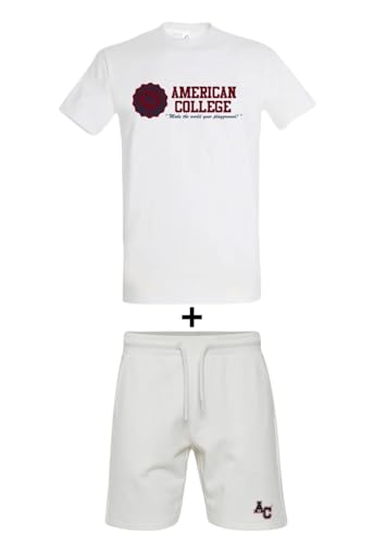 AMERICAN COLLEGE USA, 2 Teiliges Set, Herren, Damen, T-Shirt + Bermuda, Casual, Sportlich, Kleidung, Erwachsene, Unisex, Manner, Frauen, Modell ACEN231 Weiß, L von AMERICAN COLLEGE USA