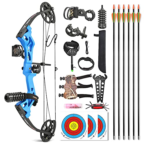 AMEYXGS Bogenschießen Compoundbogen Set für Anfänger Junior Bogen Compoundbogen und Pfeil Kit für Jugendliche 17"-27" Auszugslänge 10-30lbs Einstellbar 260fps IBO Sportbogen (Blau) von AMEYXGS