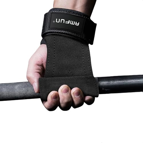 AMFUN Zughilfen Krafttraining, Zughilfen Leder, rutschfeste Griffhilfen Kraftsport, mit Neopren & Klettverschluss, Zughilfe-Handgelenkgurte mit Haken für Gewichtheben, Bodybuilding, Krafttraining von AMFUN