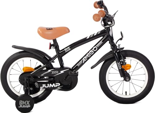 AMIGO BMX Jump - Kinderfahrrad Jungen - 14 Zoll - Mit Rucktrittbremse und V-Brake und Stützräder - ab 3-5 Jahr - Schwarz/Weiß von AMIGO