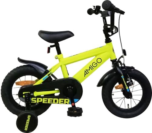 AMIGO Speeder - Kinderfahrrad - 12 Zoll - mit Handbremse, Rücktritt, Lenkerpolster und Stützräder - ab 3-4 Jahr - Gelb/Schwarz von AMIGO