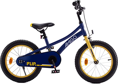 Amigo Flip - Kinderfahrrad für Jungen - 18 Zoll - mit Handbremse Rücktritt und Fahrradständer - Jungenfahrrad ab 5-8 Jahre - Blau/Gelb von AMIGO