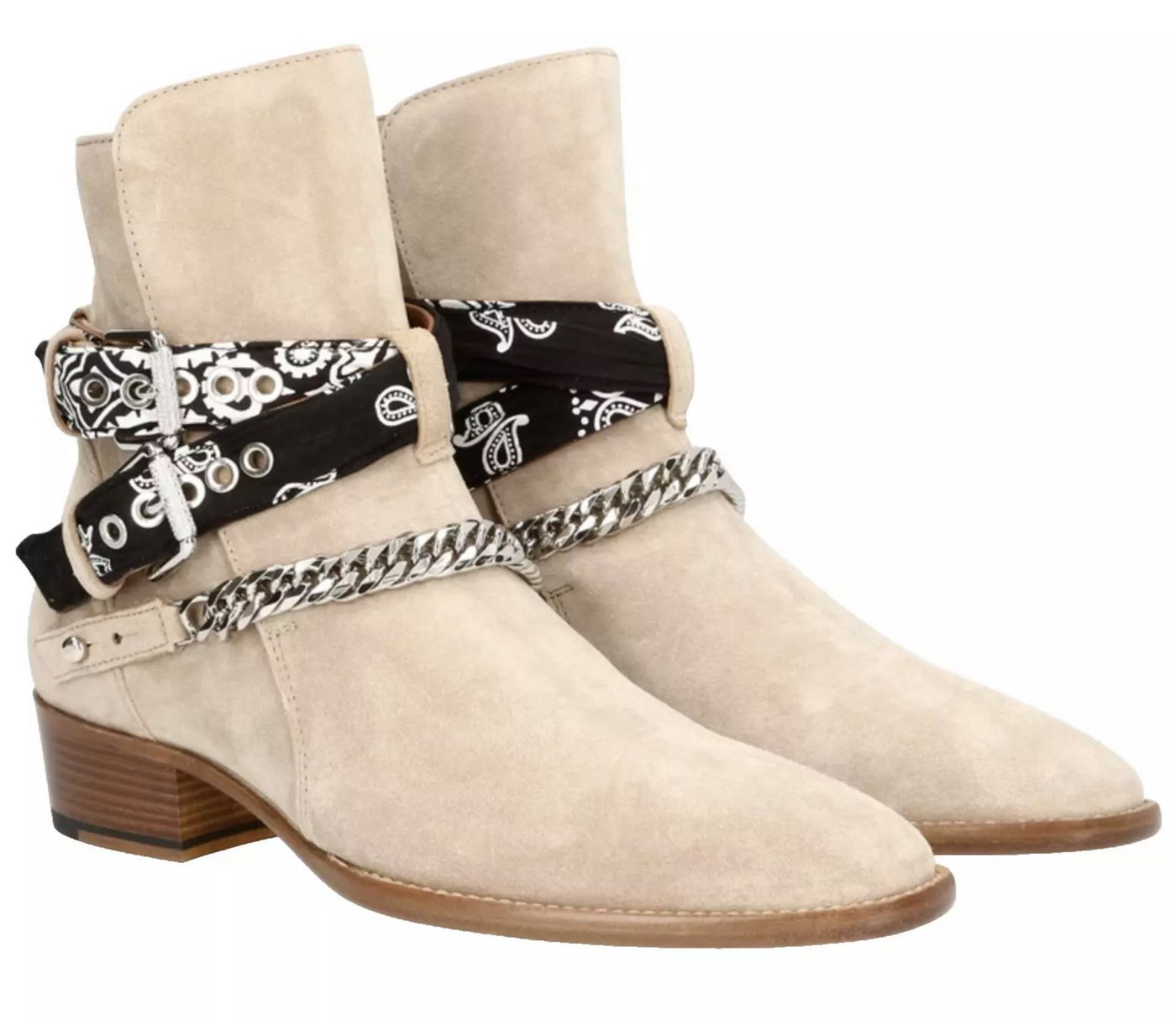 AMIRI Jodhpur Ketten Schuhe Bandana Suede Schuhe Bootsschuh Crossover-Bandana-Riemen, Silberfarbene Kette AMIRI Jodhpur Ketten Schuhe Bandana Suede Schuhe Bootsschuh Crossover-Bandana-Riemen, Silberfarbene Kette von AMIRI
