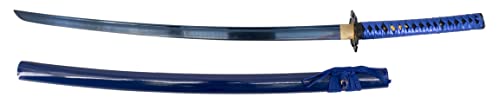 Funktionsfähiges blaues Katana, 104 cm, AISI 1045 Stahlklinge mit Blauer Beschichtung, Blaue Scheide und Blauer Schnurwicklung, Blauer Kunstledergriff, mit Ständer und Holzkiste. von AMONT