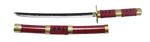 Katana S5054 Sandai Kitetsu von Zoro aus One Piece - inoffizielle 45 cm Lange Replik mit schwarzer gezackter satinierten Stahlklinge, burgunderrotem umwickeltem Griff und Ständer Katana S5054 Sandai Kitetsu von Zoro aus One Piece - inoffizielle 45 cm Lange Replik mit schwarzer gezackter satinierten Stahlklinge, burgunderrotem umwickeltem Griff und Ständer von AMONT