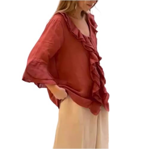 AMOUSDRDR Damen-Bluse mit Rüschenkragen und Glockenärmeln, 3/4-Ärmel, Tops, Herbst, Übergröße, einfarbig, V-Ausschnitt, Button-Down-Shirt für Damen, Rot, Größe 3XL von AMOUSDRDR