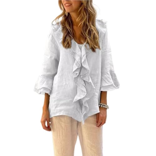 AMOUSDRDR Damen-Bluse mit Rüschenkragen und Glockenärmeln, 3/4-Ärmel, Tops, Herbst, Übergröße, einfarbig, V-Ausschnitt, Button-Down-Shirt für Damen, Weiß, Größe L von AMOUSDRDR