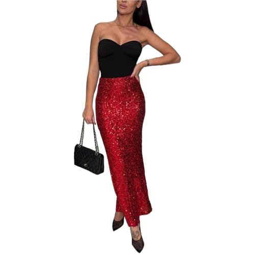 AMOUSDRDR Damen Pailletten High Rise Fishtail Maxi Rock Elegant Elastische Taille Glitzer Röcke Sparkly Bodycon Lange Pailletten A-Linie Rock (Rot, S) von AMOUSDRDR