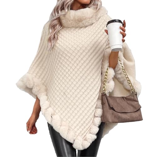 AMOUSDRDR Damen-Poncho mit Kunstfellbesatz, elegant, einfarbig, Waffelmuster, Thermo-Taschensaum, Rundhalsausschnitt, warmer Pelzschal für Herbst und Winter, Aprikose, Größe L von AMOUSDRDR