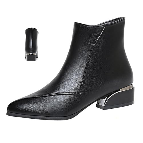 AMOUSDRDR Damen-Stiefeletten mit niedrigem Absatz, stilvolle Stiefeletten mit niedrigem Absatz, elegant, wasserdicht, Leder-Booties mit seitlichem Reißverschluss (schwarz, dünn gefüttert, 39 EU) von AMOUSDRDR