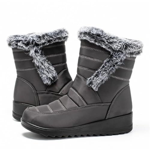 AMOUSDRDR Damen Winterstiefel mit warmem Fell, wasserdicht, warm, knöchelhoch, trendig, rutschfest, seitlicher Reißverschluss, Kunstfell, orthopädische Schuhe (grau, 36 EU) von AMOUSDRDR