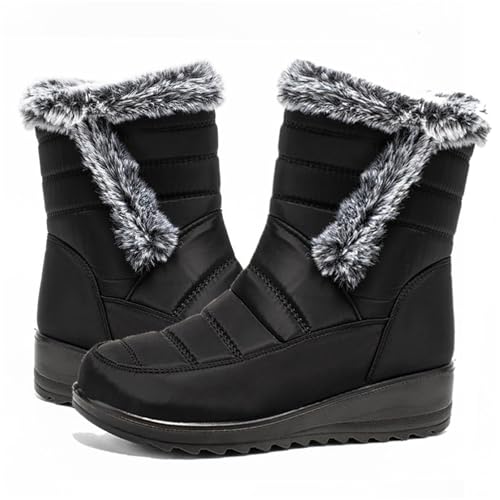 AMOUSDRDR Damen Winterstiefel mit warmem Fell, wasserdicht, warm, knöchelhoch, trendig, rutschfest, seitlicher Reißverschluss, Kunstfell, orthopädische Schuhe (schwarz, 38 EU) von AMOUSDRDR