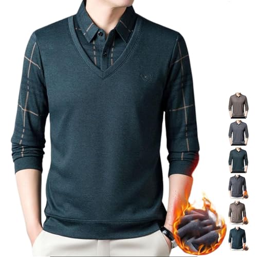 AMOUSDRDR Gefälschtes zweiteiliges Revers-Langarm-Top, Herren-Revers, zweiteiliges Strickhemd, warmes Polo-T-Shirt für Herren (grau-grünes Fleece, Größe M (50–60 kg)) von AMOUSDRDR